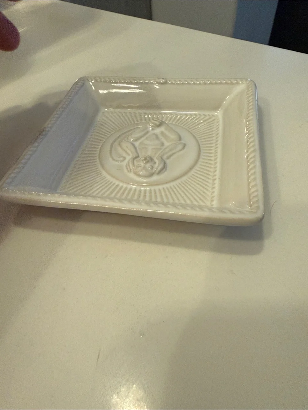 Juliska Cream Ceramic Square Dish with Monkey Medallion- Hear No Evil